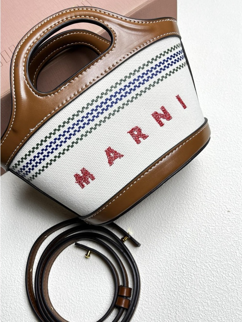 Marni White Canvas Tote with Brown Leather Trim and Red Logo Stitching